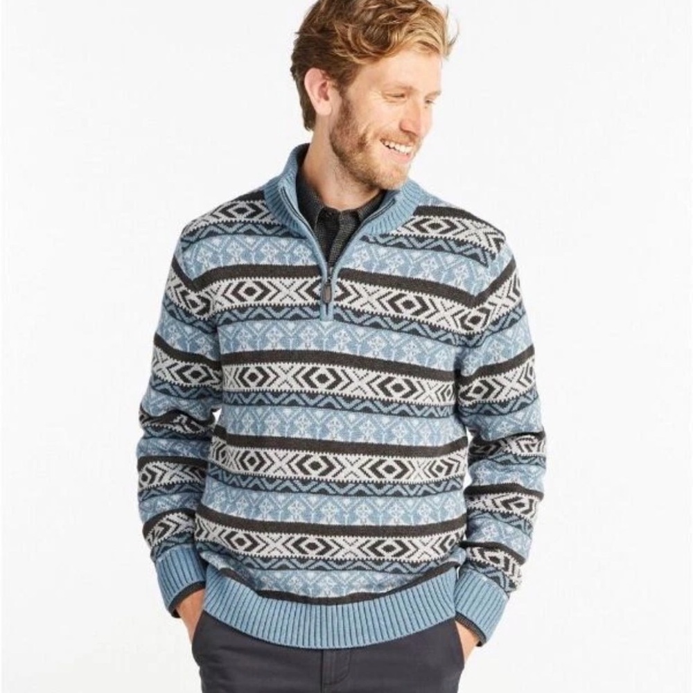 L.L. Bean Fair Isle Knit 1/4 Zip Mock Neck Sweater Gray Heather XL Tall NWT